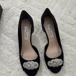 Nina Black Peep-Toe Heels with Rhinestone Detail